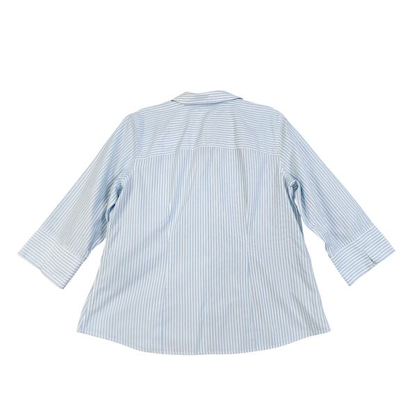 Chicos Womens No Iron Striped Shirt Large Blue White Metallic Stripe 3/4 Sleeves - Picture 3 of 8
